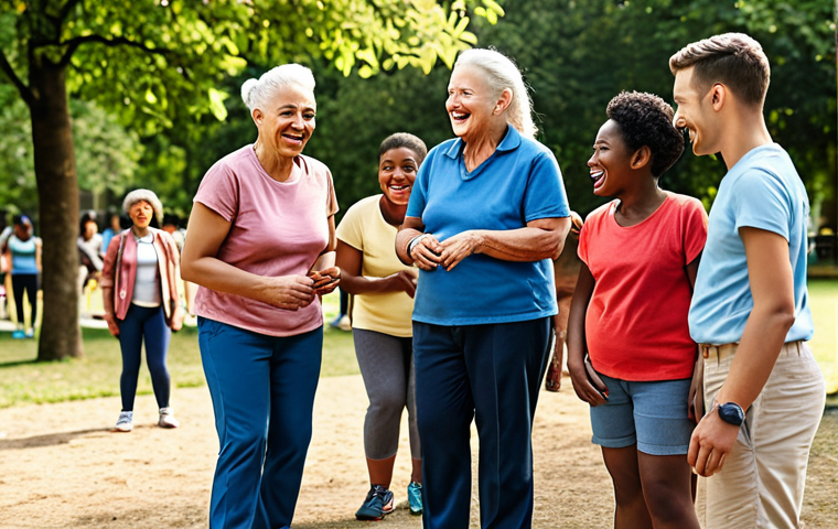 A group of diverse people of different ages participating in an outdoor recreational activity led by a smiling recreation leader in a community park setting. Focus on inclusivity and fun.