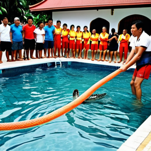 **Prompt:** A sunny day at a crowded swimming pool in Malaysia. A small snake is swimming in the water, causing panic among the visitors. A lifeguard is carefully approaching the snake with a net. The scene should capture the surprise and slight chaos of the moment, but with a sense of calm resolution. Focus on the expressions of the people and the lifeguard's focused action.