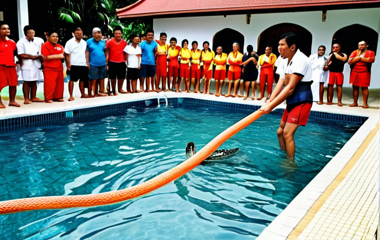 **Prompt:** A sunny day at a crowded swimming pool in Malaysia. A small snake is swimming in the water, causing panic among the visitors. A lifeguard is carefully approaching the snake with a net. The scene should capture the surprise and slight chaos of the moment, but with a sense of calm resolution. Focus on the expressions of the people and the lifeguard's focused action.