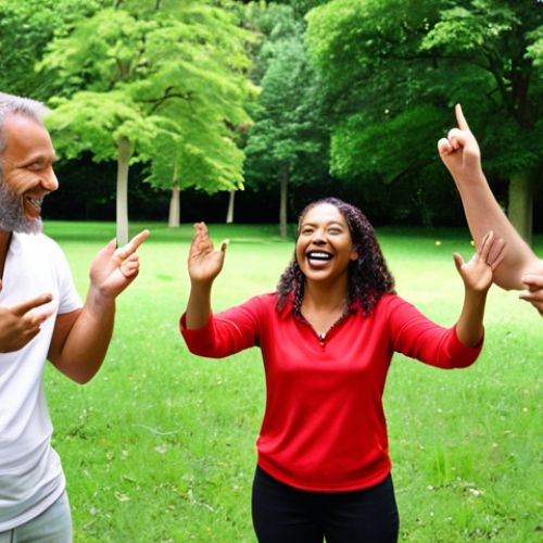 ** A diverse group of people participating in a team-building activity in a lush, green park. The recreation leader is smiling and gesturing encouragingly. The scene emphasizes inclusivity, collaboration, and the joy of outdoor recreation.

**