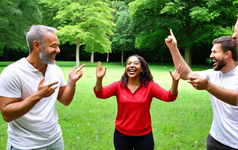 ** A diverse group of people participating in a team-building activity in a lush, green park. The recreation leader is smiling and gesturing encouragingly. The scene emphasizes inclusivity, collaboration, and the joy of outdoor recreation.
**