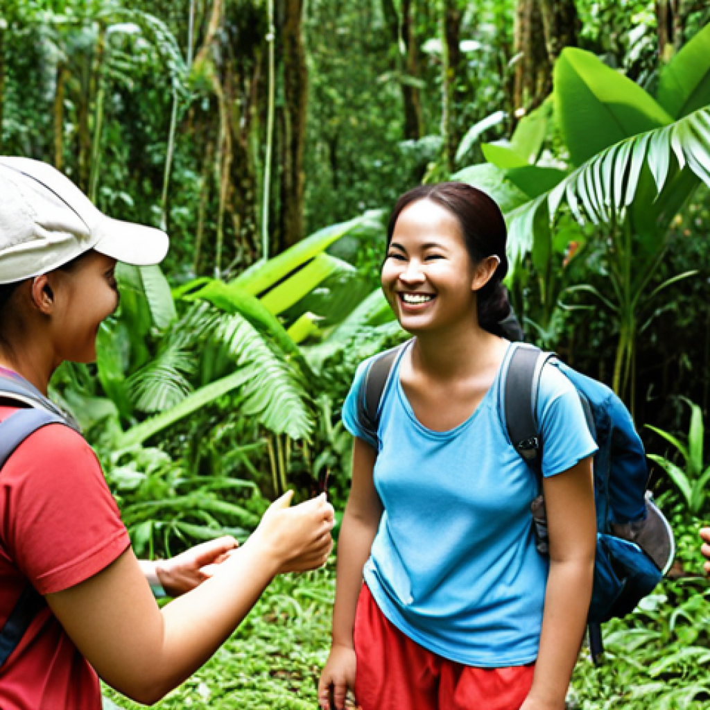 **Image Prompt:** A friendly recreation leader, wearing a comfortable outdoor outfit and a welcoming smile, interacting with a diverse group of participants during a recreational activity like hiking or team-building games in a lush Malaysian landscape. The image should convey a sense of fun, safety, and cultural sensitivity.