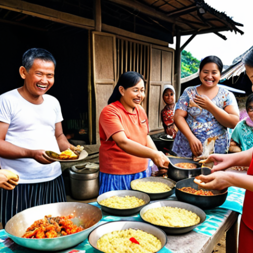**

A group of diverse neighbors, including people of different ages, cooking together outdoors during a *kampung* (village) cooking competition. Focus on the joyful interaction and community spirit. Bright, sunny day.

**