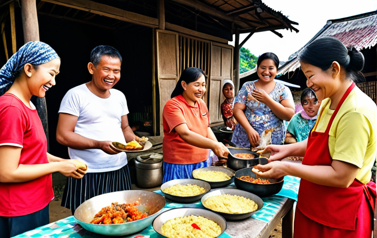 **
A group of diverse neighbors, including people of different ages, cooking together outdoors during a *kampung* (village) cooking competition. Focus on the joyful interaction and community spirit. Bright, sunny day.
**
