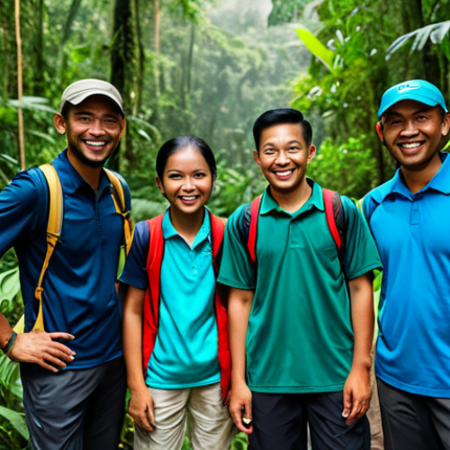 **

A confident recreation leader, fully clothed in modest outdoor attire suitable for hiking, standing in a lush Malaysian rainforest with a group of smiling participants. Safe for work, appropriate content, perfect anatomy, natural pose, well-formed hands, family-friendly, professional.

**