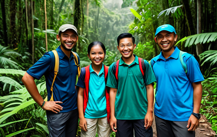 **

A confident recreation leader, fully clothed in modest outdoor attire suitable for hiking, standing in a lush Malaysian rainforest with a group of smiling participants. Safe for work, appropriate content, perfect anatomy, natural pose, well-formed hands, family-friendly, professional.

**